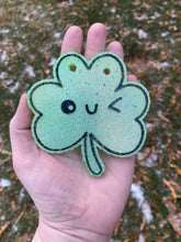 Load image into Gallery viewer, Winky Shamrock Freshie Mold, smiling lucky clover freshie mold, St Patrick&#39;s day freshie mold, irish freshie mold, silicone soap molds
