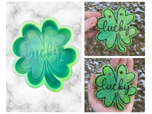 Load image into Gallery viewer, Lucky Shamrock Freshie Mold, smiling lucky clover freshie mold, St Patrick&#39;s day freshie mold, Irish freshie mold, silicone soap molds
