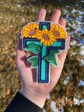 Load image into Gallery viewer, Sunflower Cross Freshie Mold for easter, car freshie design oven safe silicone cross mold for resin cross easter mold for bath bombs
