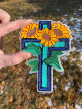 Load image into Gallery viewer, Sunflower Cross Freshie Mold for easter, car freshie design oven safe silicone cross mold for resin cross easter mold for bath bombs
