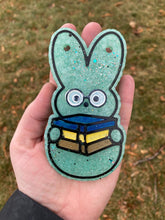 Load image into Gallery viewer, Reading Bunny Freshie Mold for easter, car freshie designs, easter book freshie mold, fantasy freshie mold, reader silicone mold,
