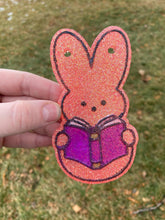 Load image into Gallery viewer, Reading Bunny Freshie Mold for easter, car freshie designs, easter book freshie mold, fantasy freshie mold, reader silicone mold,
