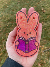 Load image into Gallery viewer, Reading Bunny Freshie Mold for easter, car freshie designs, easter book freshie mold, fantasy freshie mold, reader silicone mold,
