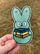 Load image into Gallery viewer, Reading Bunny Freshie Mold for easter, car freshie designs, easter book freshie mold, fantasy freshie mold, reader silicone mold,
